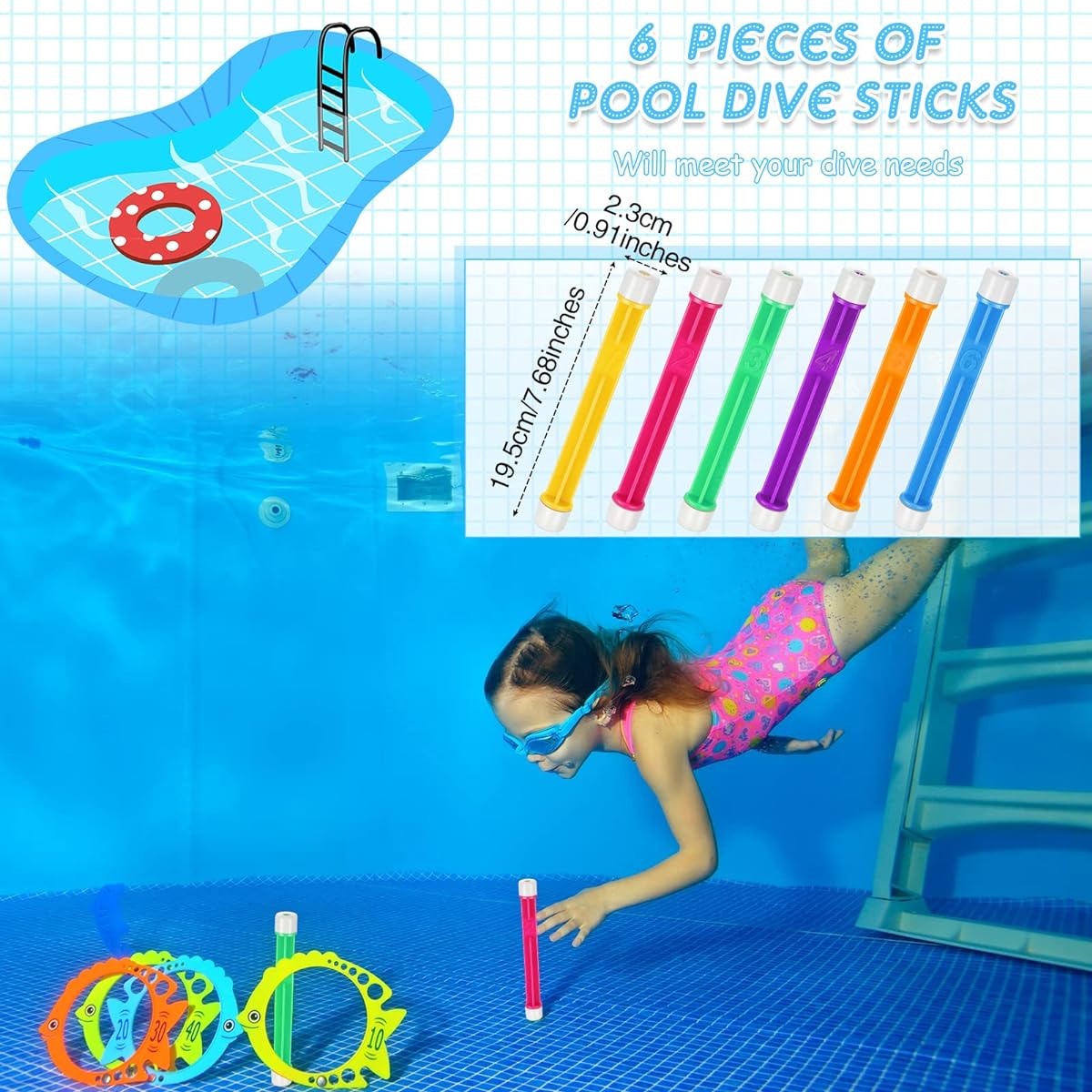 8 Pcs Swimming Pool Diving Rings, Plastic Diving Sticks Training Pool Rings Swimming Pool Sticks Throwing Underwater Rings Learning to Swim Summer Pool Party Supplies