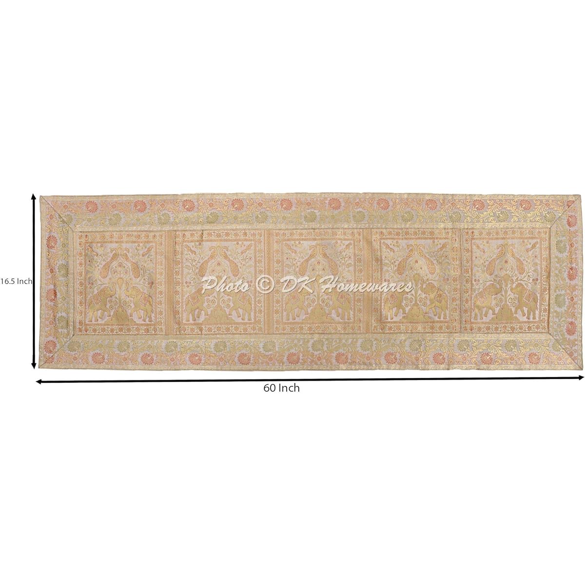 DK Homewares Indian Traditional Christmas Party Kitchen Decor White Gold Table Runner Brocade Satin 60" Length Jacquard Elephant 5ft Centerpiece (150 x 40cm)