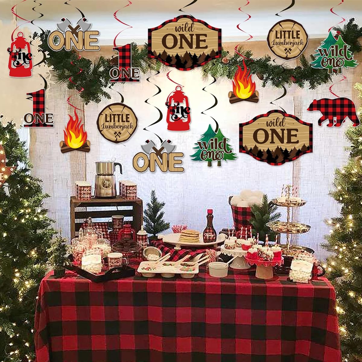 Lumberjack First Birthday Decorations Hanging Swirls - Camping Party Hanging Swirls Buffalo Plaid Boys 1st Birthday Photo Props Boys 1st Birthday Camping Party Decorations