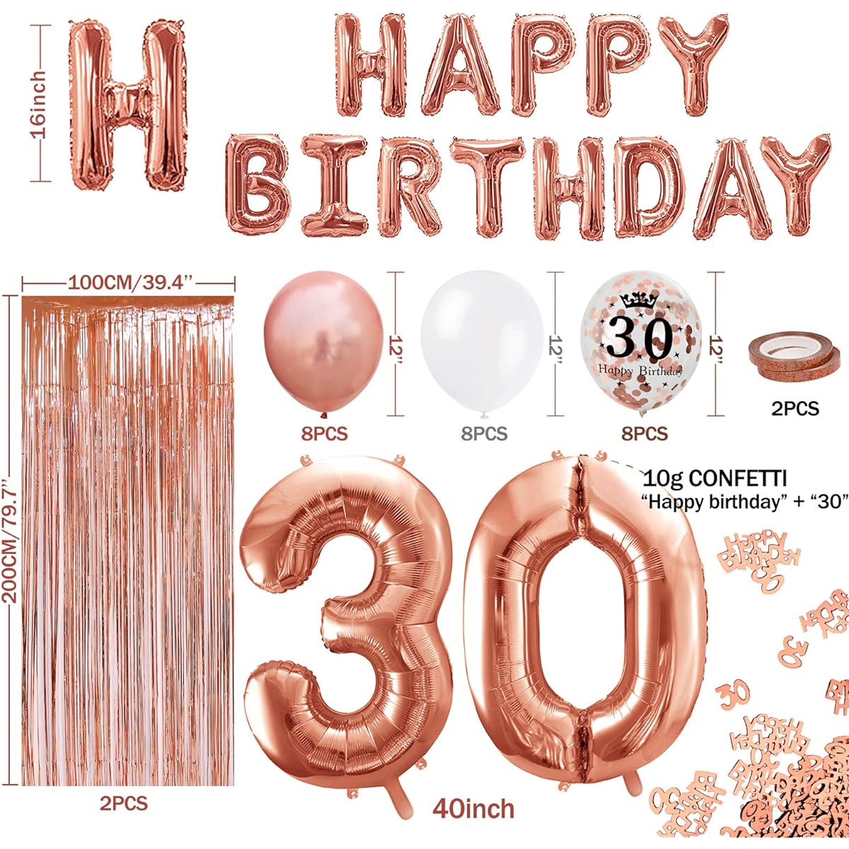 MOVINPE 30th Rose Gold Birthday Party Decorations, Happy Birthday Banner, Jumbo Number 30 Foil Balloons, 2 Rose Gold Fringe Curtains, Latex Confetti Balloons, Table Confetti for Girls Women Anniversary