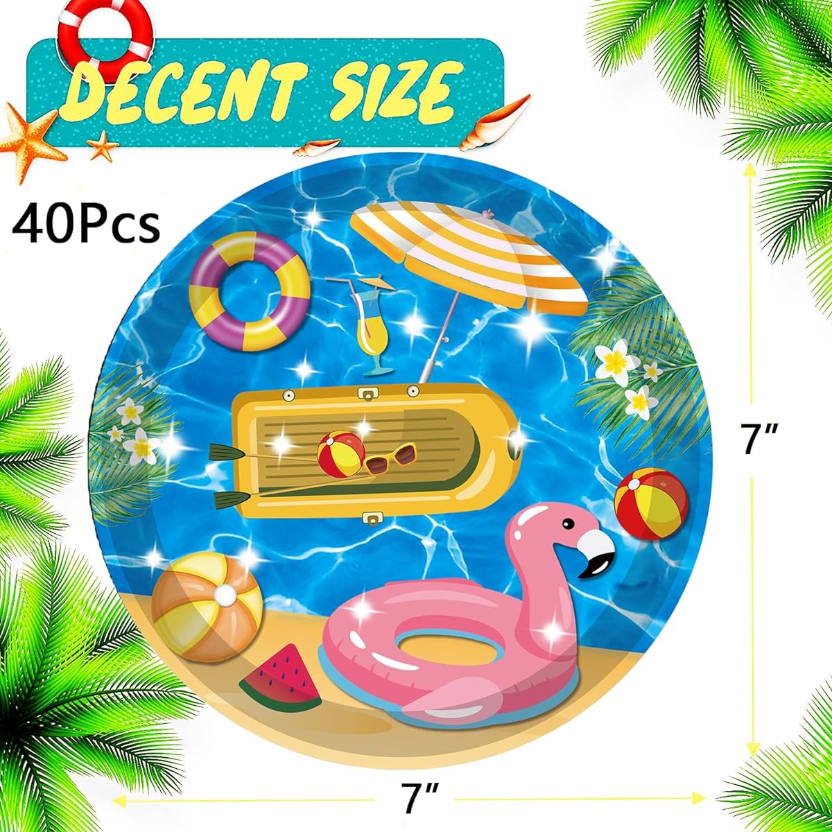 Beach Party Supplies Beach Balls Pool Summer Party Plates 7" Pool Paper Plates Beach Theme Kids Summer Beach Party Pool Party Luau Balls Water Tubes Picnic Beach Birthday Party Decorations 40pcs