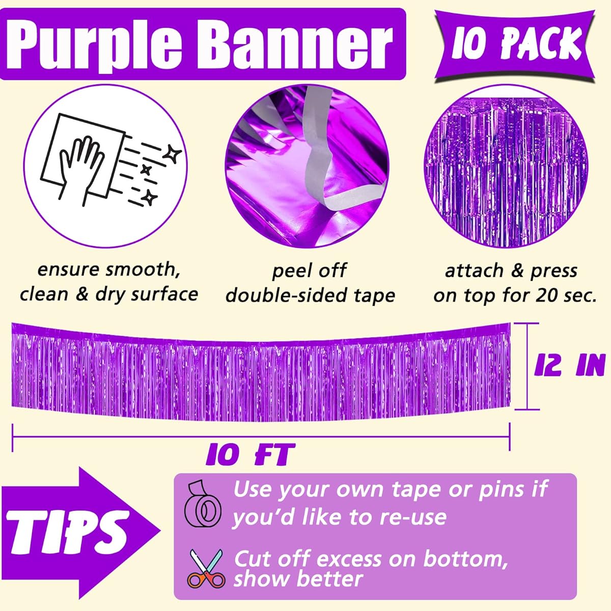 10 Pack 10ft Foil Fringe Garland Metallic Tassel Banner Wall Hanging Tinsel Streamers Backdrop for Parade Floats (Purple)