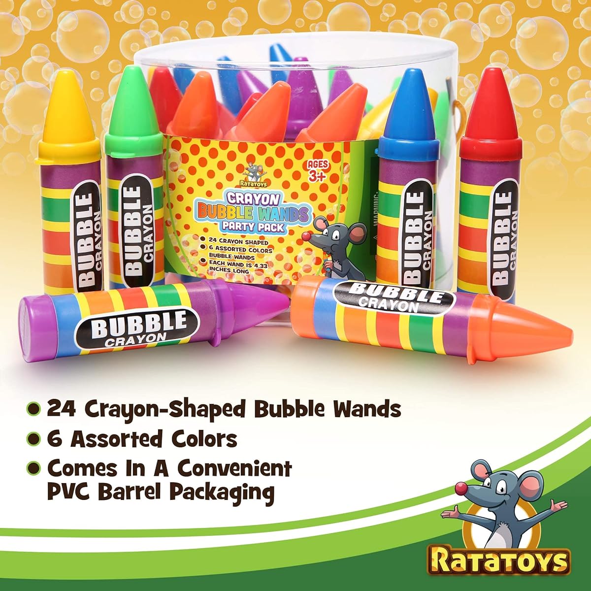 Crayon Bubble Wands for Kids Party Pack - 24 Pieces, 6 Colors, Long Dip Sticks and Non-Toxic Solution, Big Bubble Blowing Fun, Birthday Party Favors