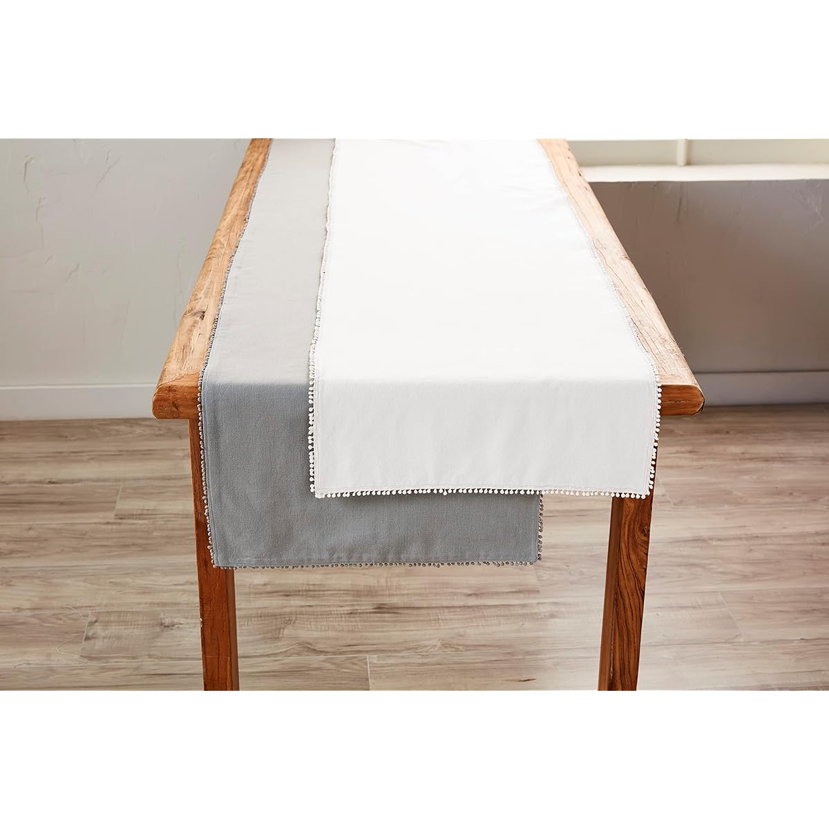 Mud Pie Grey Pom Pom Trim Table Runner