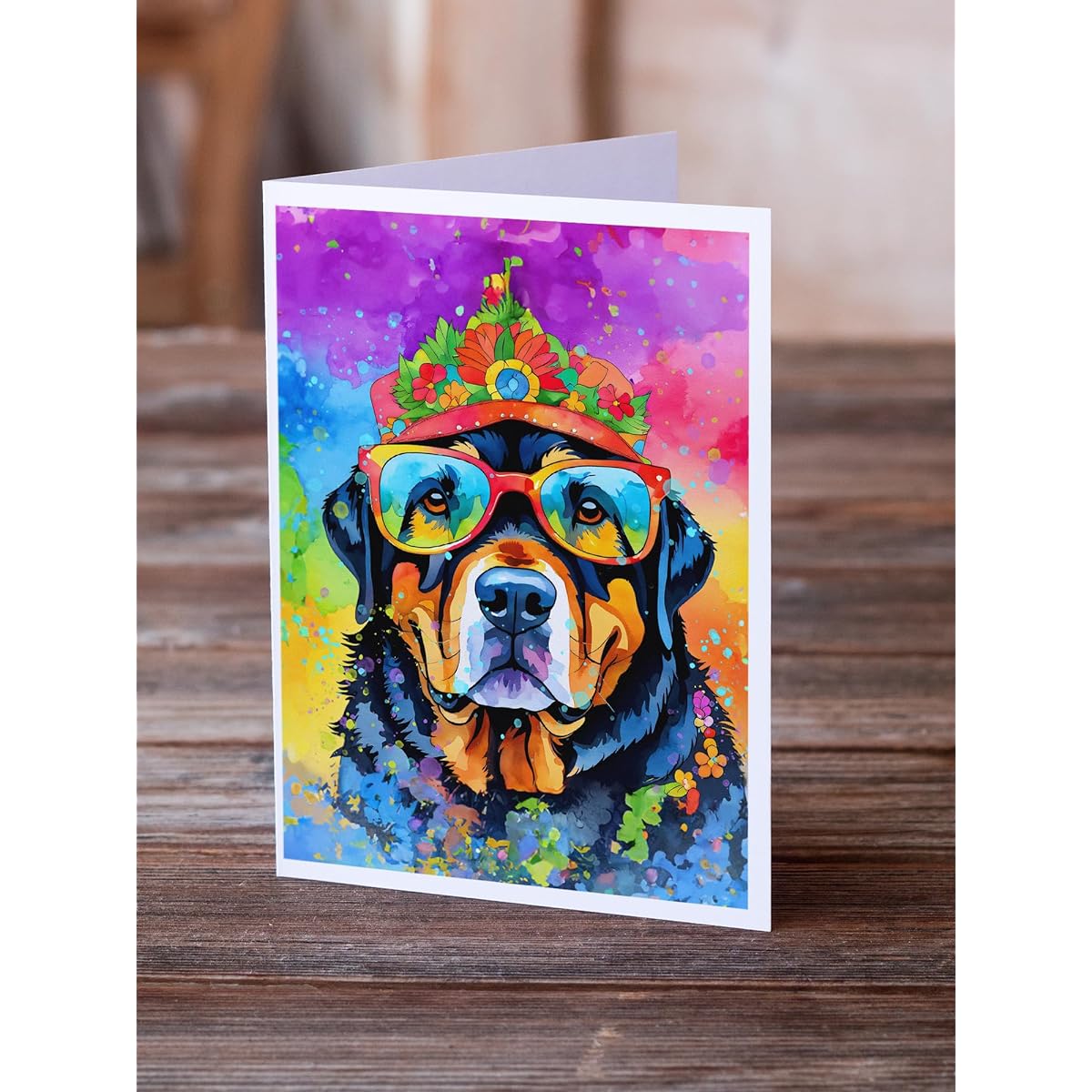 Caroline's Treasures DAC2547GCA7P Rottweiler Hippie Dawg Greeting Cards 8 Pack with Envelopes Whimsical A7 Size 5x7 Blank Note Cards