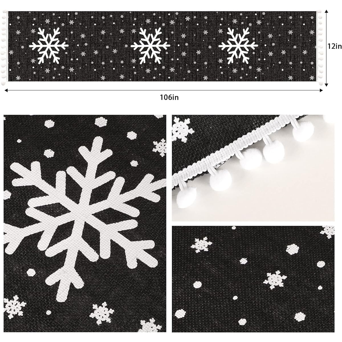 HOHOTIME Christmas Table Runner Christmas Tree Moose Print Black White Linen Christmas Runner for Table Christmas Holiday Party Kitchen Dining Table Decoration for Home Decoration (12 x 106 Inch) - Black