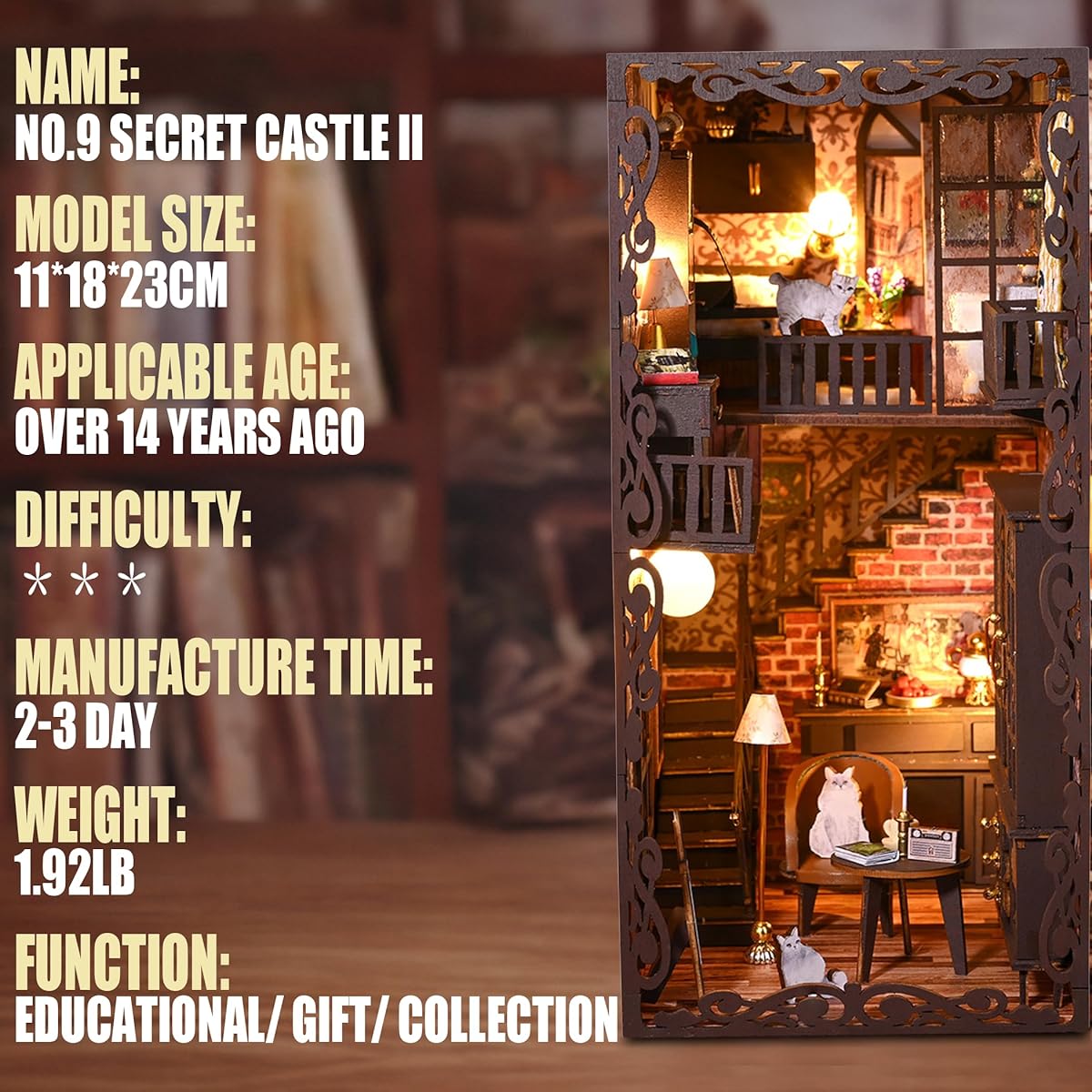 AONGAN Book Nook Kit - DIY Miniature Dollhouse Kit DIY 3D Wooden Puzzle Bookends Craft Gift/Home Decoration for Family (No.9 Secret CastleⅡ)