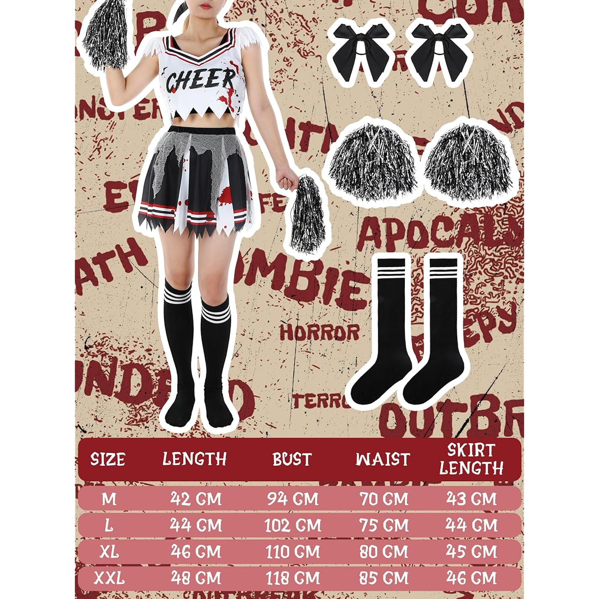 Xtinmee Halloween Zombie Cheerleader Costume for Girls Scary Cheerless Bloody Dress with Pom Poms Hair Rope Striped Socks