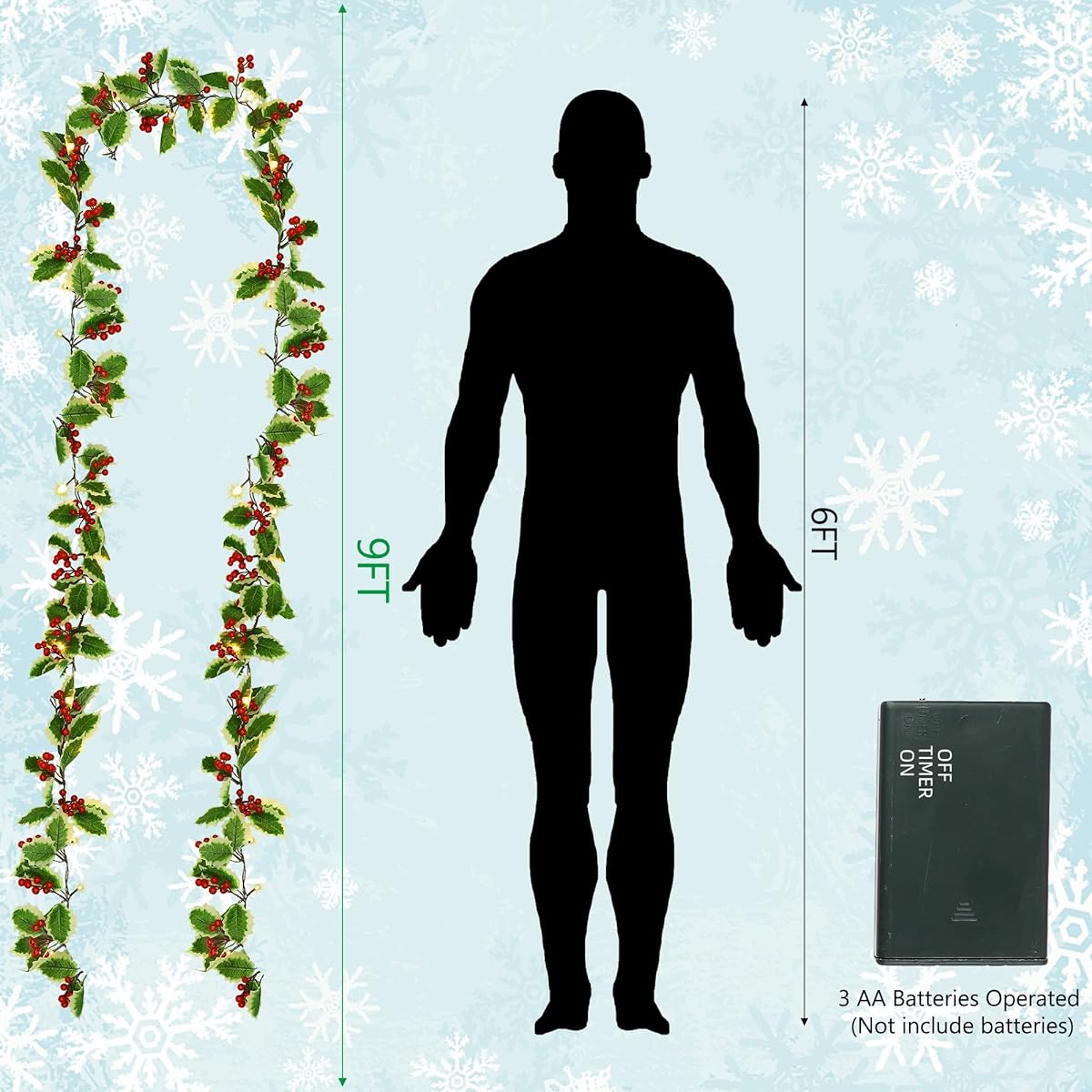 Juegoal Christmas Garland, 2 Pack 9ft Pre-Lighted Red Berry & Holly Leaf Garland, Artificial Lighting Garland Battery Operated with Timer for Indoor Outdoor Christmas Fireplace Gate Home Winter New Year Decoration