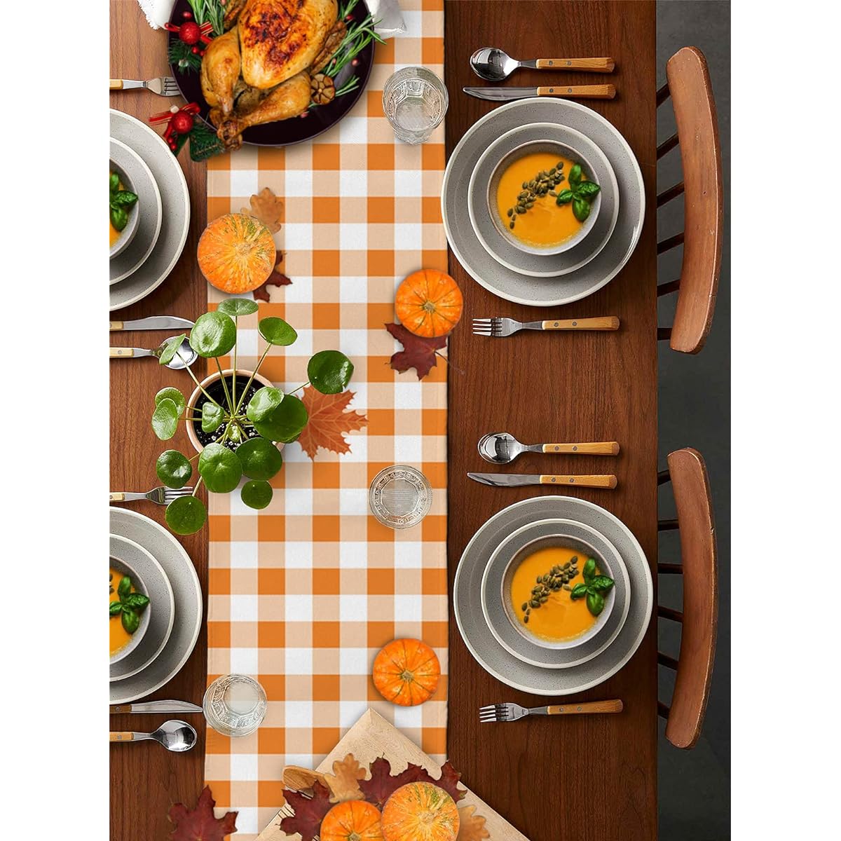 Fall Table Runner 36 Inch Length Thanksgiving Orange White Plaid Pumpkin Non-Slip Washable Burlap Table Linen for Family Dinner/Outdoor/Indoor Party Wedding Gathering Table Decoration