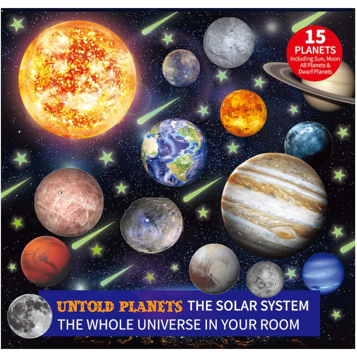 Glow in the Dark Planets and Stars 3D Realistic Ceiling Solar System Wall Stickers All Luminous Planets Dwarfs Exoplanets Pluto Moon Sun Shooting 200+ Stars (15 Planets 200 Stars)