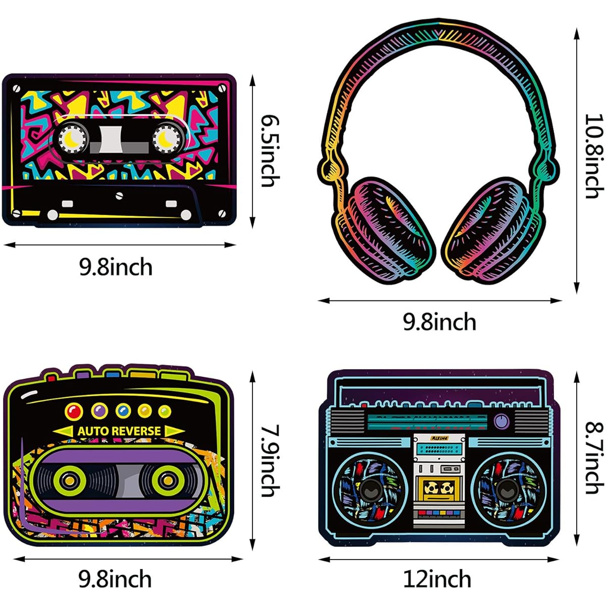 80s Party Decorations, 10-12 Inch 80s Cutouts, Large Cassette Player Cutout, Headphone Cutout, 1970s Party Decorations, 1980s Theme Party Decorations Kit, Retro Designs (12 Pieces)