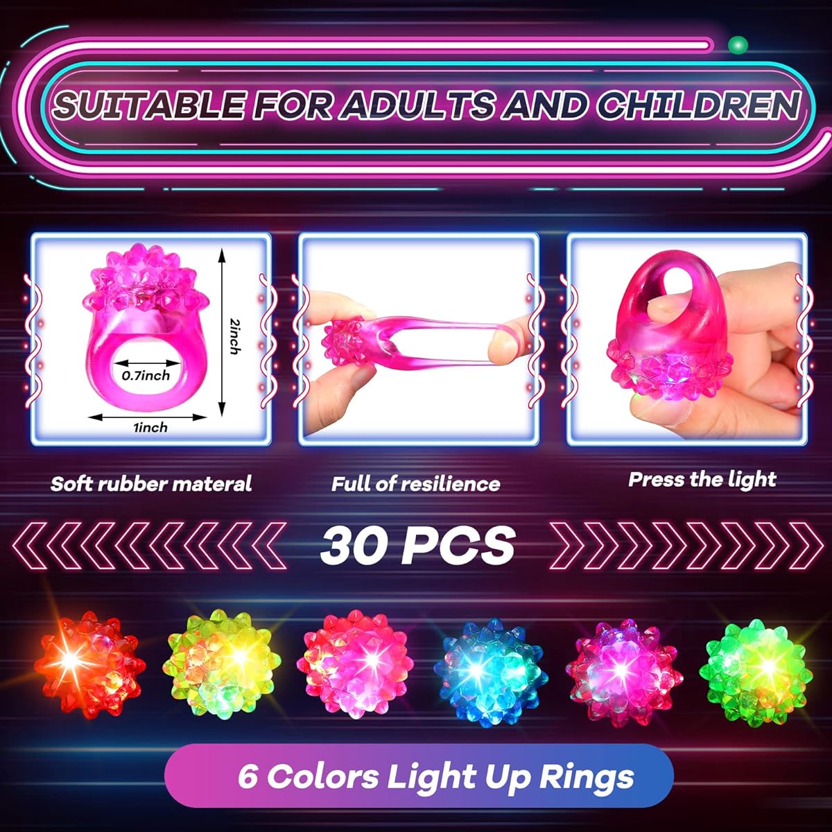 60 Pieces Glow in the Dark Party Supplies 30 Pieces Light Up Rings and 30 Pieces LED Glow Bracelets Colorful Rubber Bumpy Rings Neon Bracelets Kids Adults Party Favors Glow Classroom/Birthday Party Gifts, Rubber