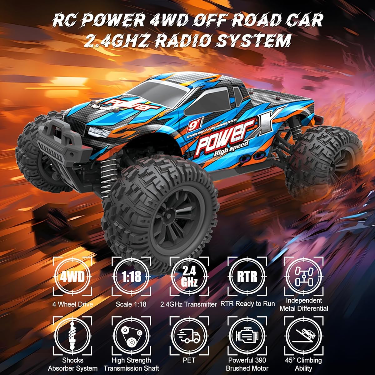 Smouapce RC Car 1:18 Scale Remote Control Car 4WD High Speed 40+ Km/h Off-Road RC Monster Vehicle Truck All Terrain Electric Toy Truck with 2 Rechargeable Batteries for Boys Kids Adults