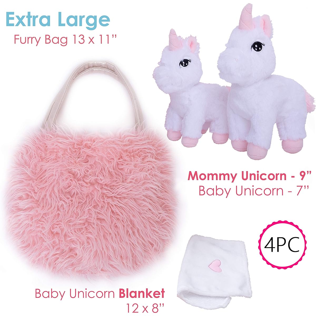 Perfectto Design Unicorn Toys for Girls Ages 3-10. 4 Piece Set - Mommy and Baby Stuffed Animal, Bag and Doll Blanket. Unicorn Gifts for 3-8 Year Olds Birthday and Christmas