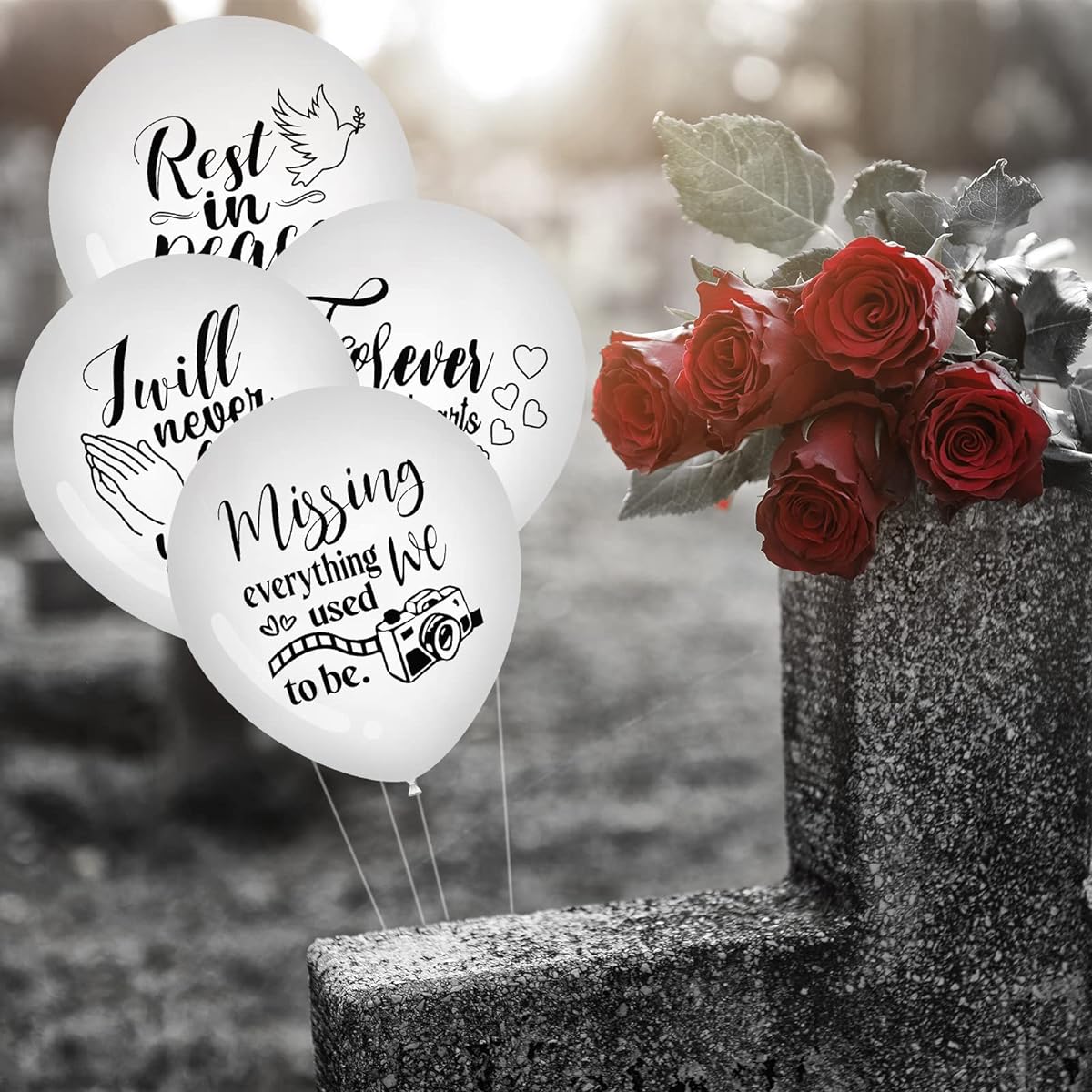 Chenkaiyang 60pcs White Memorial Balloons 12inch Funeral Balloons Latex Rest in Peace Balloons with 3 Rolls Balloon Ribbon for Memorial Decorations Funeral Supplies (B)