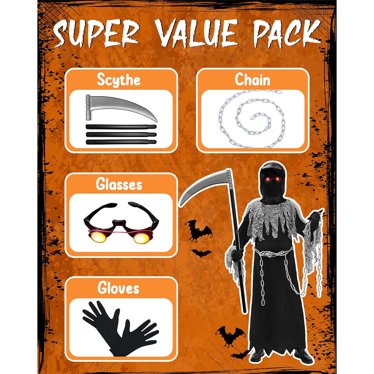 Woochic Grim Reaper Costume for Kids, Scary Halloween Costume with Scythe and Chains and Glowing Red Eyes for Kids Boys and Girls