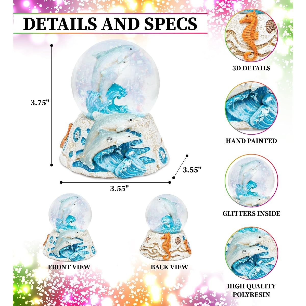 Puzzled Dolphin Resin Stone Finish Snow Globe - Sea Life Collection - 65mm - Unique Elegant Gift, Souvenir - Item # 9361