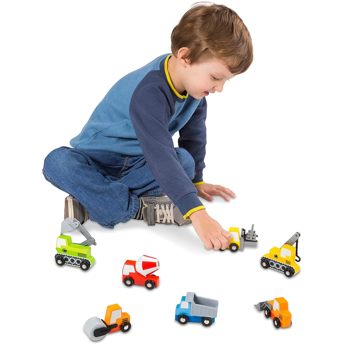 Melissa & Doug Wooden Construction Site Vehicles with Wooden Storage Trays (8 pcs)