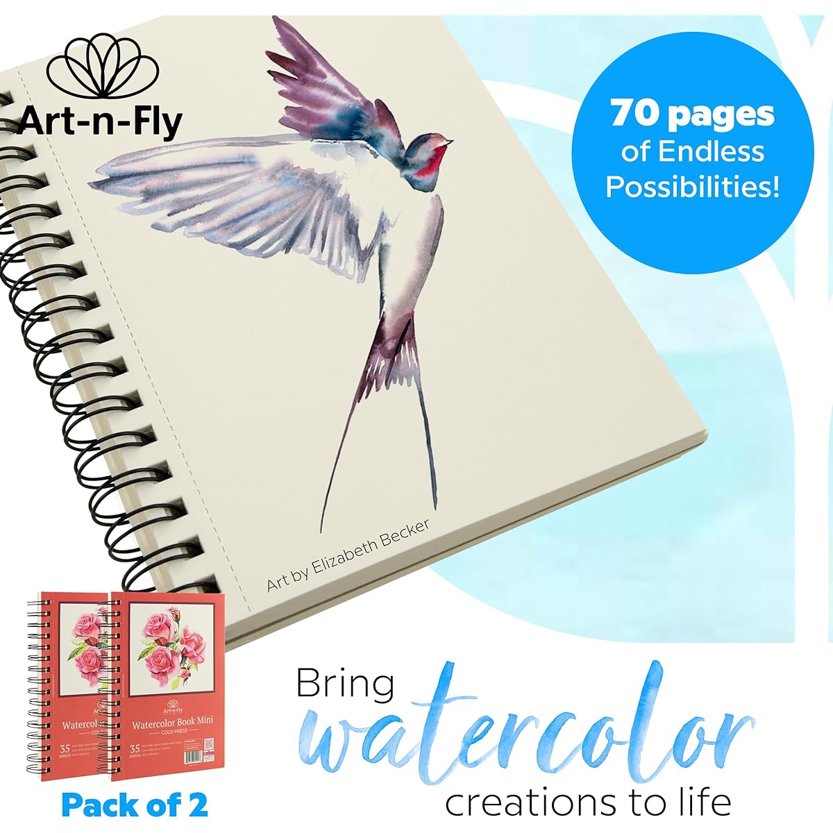 Art-n-Fly A5 5.5 x 8.5 inch Watercolor Sketch Pad Mini Book - 2 Pack x 35 Sheets - Spiral Bound and Micro Perforated - 300gsm / 140lb 18.5 x 5.5 Inch