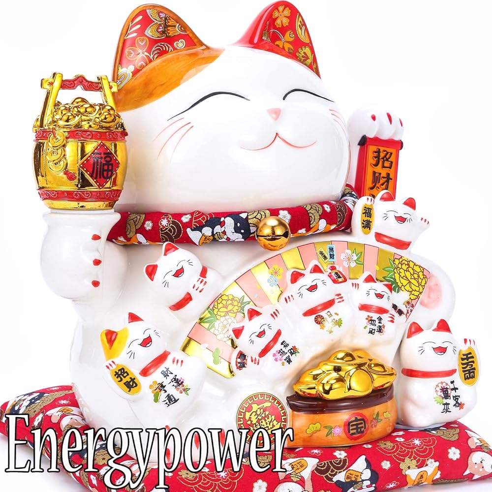 EnergyPower Electric Maneki Neko White Porcelain, Large Premium Model, Zabuton, Battery/USB, Porcelain, Maneki Cat, Hand Drawn, Handmade, Cute Beckoning, Cat, Opening Celebration, Automatically Waving