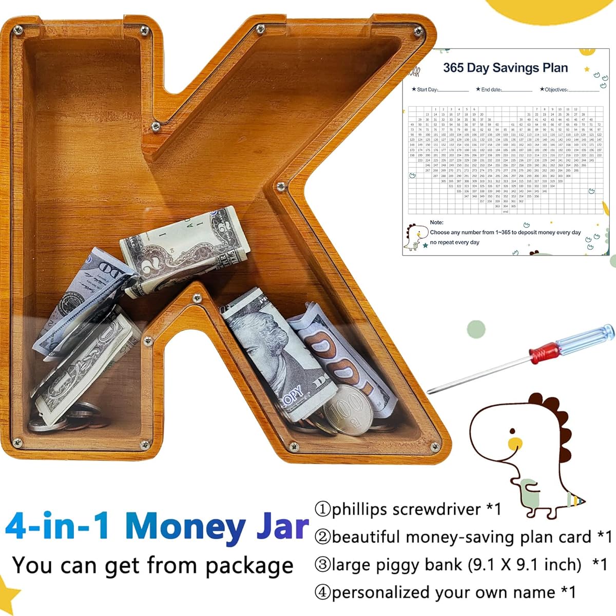 Custom Wooden Piggy Bank Creative 26 English Alphabet Letter Storage Tank Personalized Letter Coin Bank Customize Wooden Toy Piggy Bank Frame DIY Your Own Name Letter Decor Kids Piggy Bank (K)