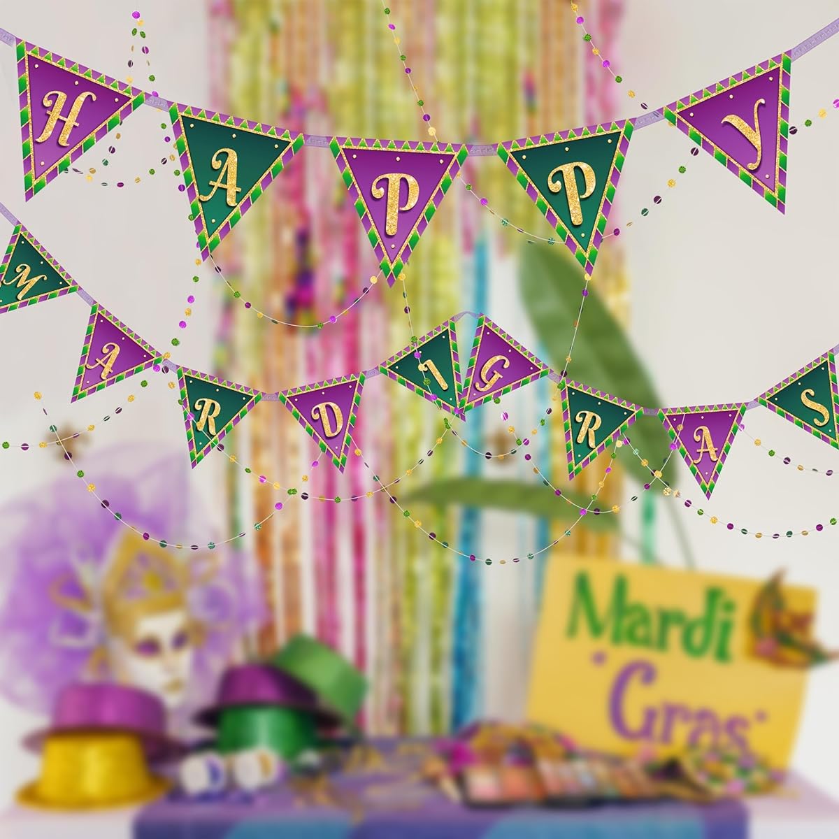 Green Purple Gold Happy Mardi Gras Banner and Paper Bead Garland Set Mardi Gras Decorations Triangle Flags Mardi Gras Party Supplies