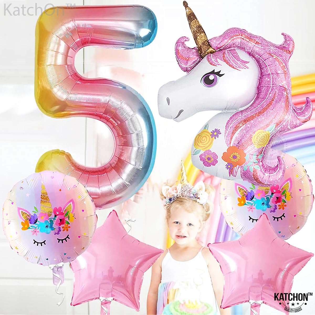 Pink Unicorn 5th Birthday Decorations Set - Large 6 Pack I Rainbow Number 5 Foil Balloon I Star and Round Mylar Balloon I Unicorn Theme Birthday Decorations I Unicorn Decorations Party Supplies