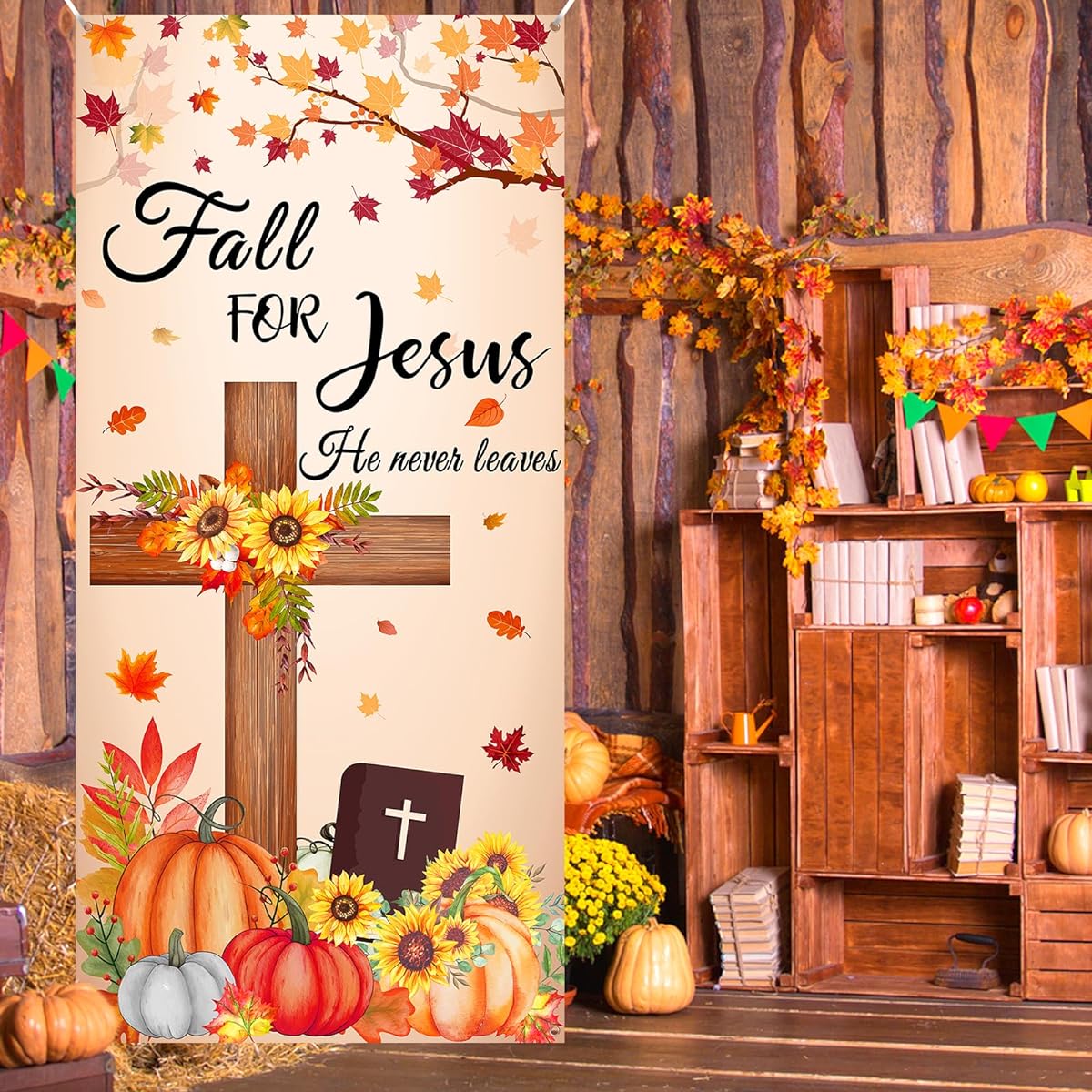 Autumn Party Banner Decoration Large Autumn Door Banner Autumn Door Cover Background Sign Party Supplies (Jesus Pumpkin Door Banner Autumn)