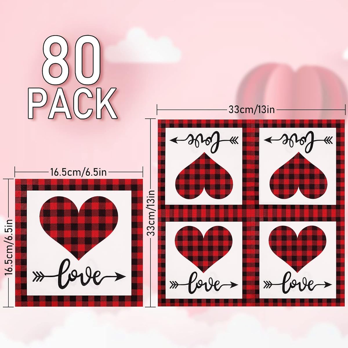 Whaline Valentine's Day Napkins 6.5 x 6.5 Inch Red Buffalo Plaid Heart Disposable Napkins Love Dinner Napkins Decorative Holiday Party Paper Napkins Valentine's Day Party Supplies Pack of 80