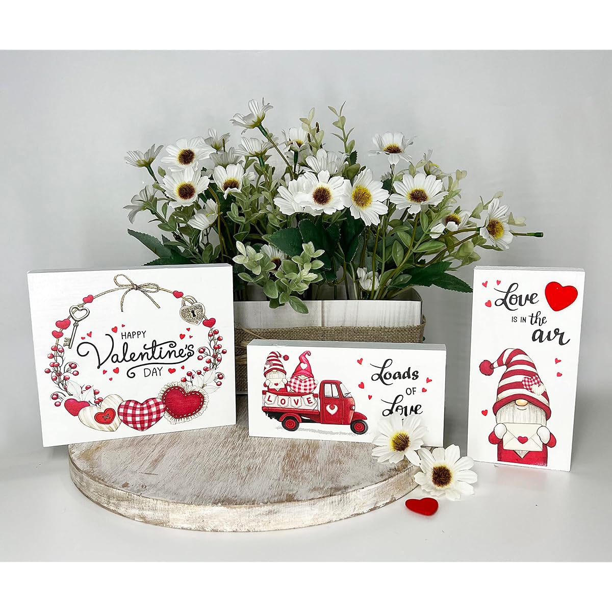 Tiered Tray Christmas Decoration Set 3 Piece Farmhouse Seasonal and Holiday Decor Easter Valentine Bundle Indoor Centerpieces for Home & Kitchen Red Truck Snowman (Valentine's Day)
