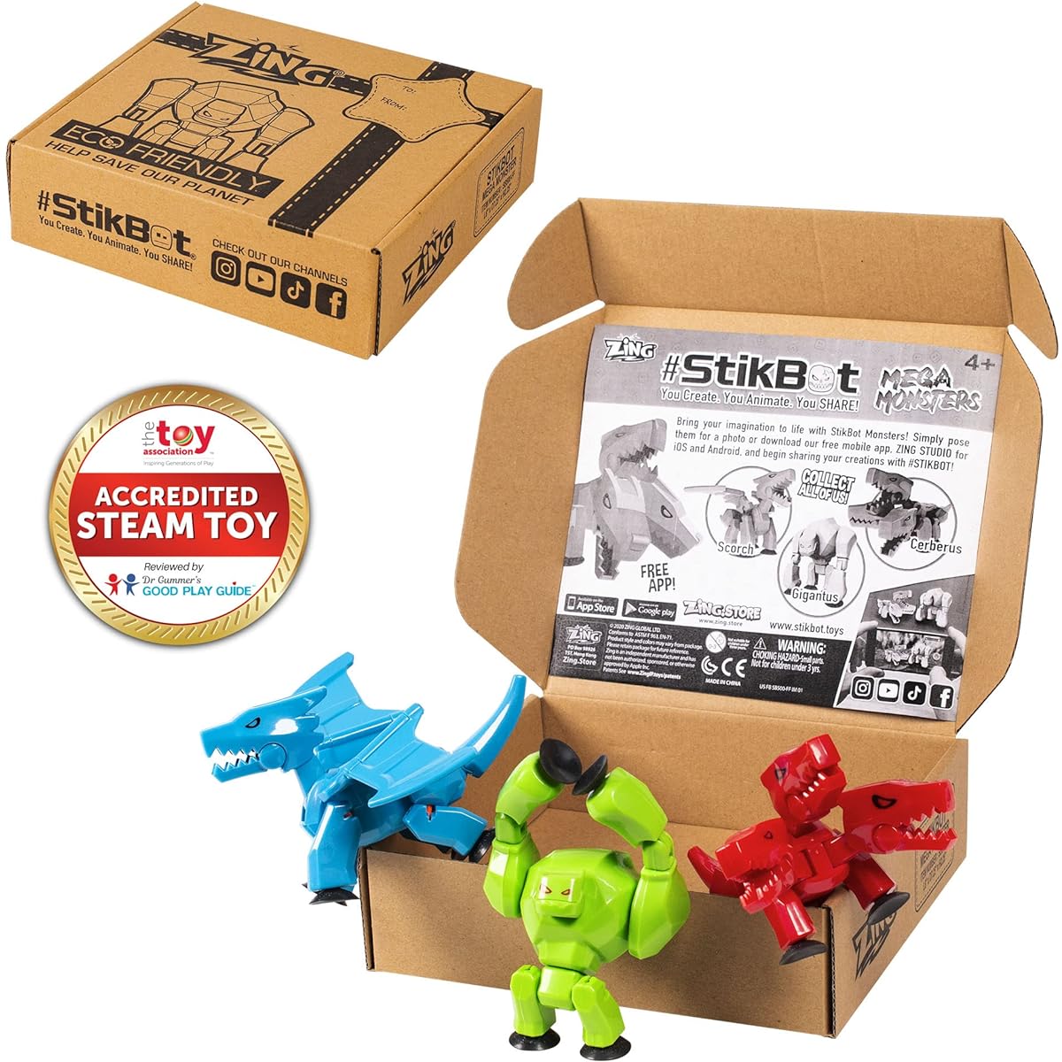 StikBot Zing Mega Monsters 3-Pack Set of 3 Poseable Monster Action Figures Cerberus, Gigantus, Scorch
