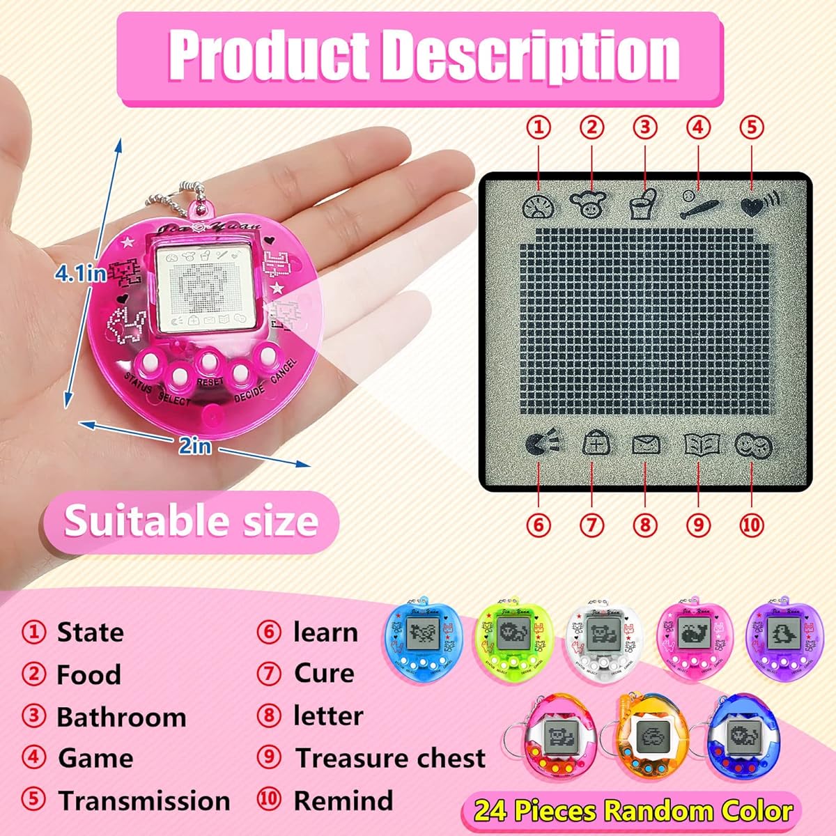 24 Pieces Virtual Electronic Digital Pet Keychain Birthday Gift Game Virtual Pocket PET 90s Toys PET Keychain Nostalgia Digital PET Handheld Game Machine for Boys Girls Adults Party (Plain)