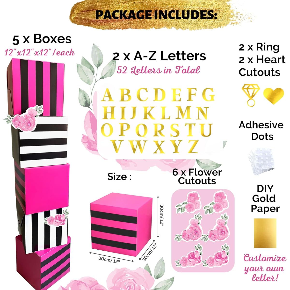 Hot Pink Party Decorations for Birthday, Bachelorette, Bridal or Baby Shower - 5 Box Blocks with 52 Letters (2 Sets of A-Z) Custom Name and 6 Flower Cutouts Hot Pink Rose Black White - Kate Spade Inspired