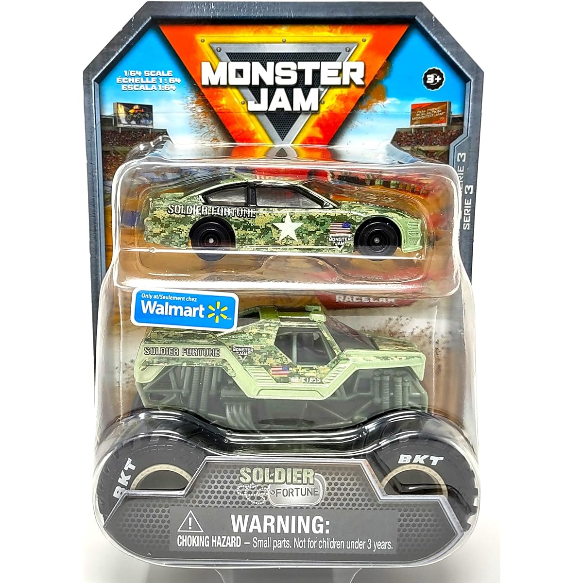 Monster Jam Official 1:64 Scale Diecast 2 Pack Monster Trucks and Race Cars: Son-uva Digger (Soldier Fortune)