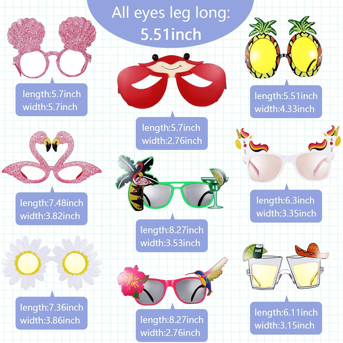 Skylety 9 Pieces Luau Party Sunglasses Novelty Hawaiian Party Eyeglasses Funny Tropical Glasses Summer Party Eyewear Fancy Photo Booth Props Dress Costume Party Accessories