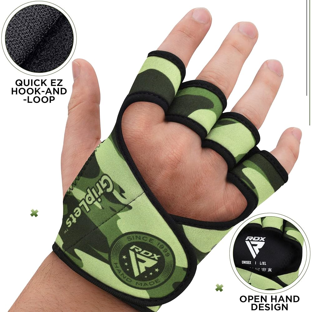 RDX Weightlifting Gloves Gym Fitness Workout Anti-Slip Ventilation Open Back Gripper Muscle Training HIIT Exercise Deadlift Men Women Cycling Rowing Climbing Hanging Pull Ups (Green, S/M)