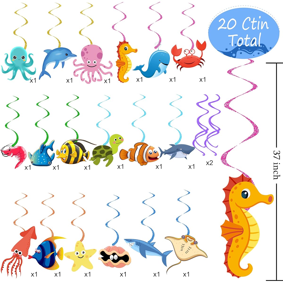 20pcs Under the Sea Party Decorations Ocean Party Decorations Sea Animals Hanging Swirls Under the Sea Baby Shower Decorations Ocean Birthday Party Supplies