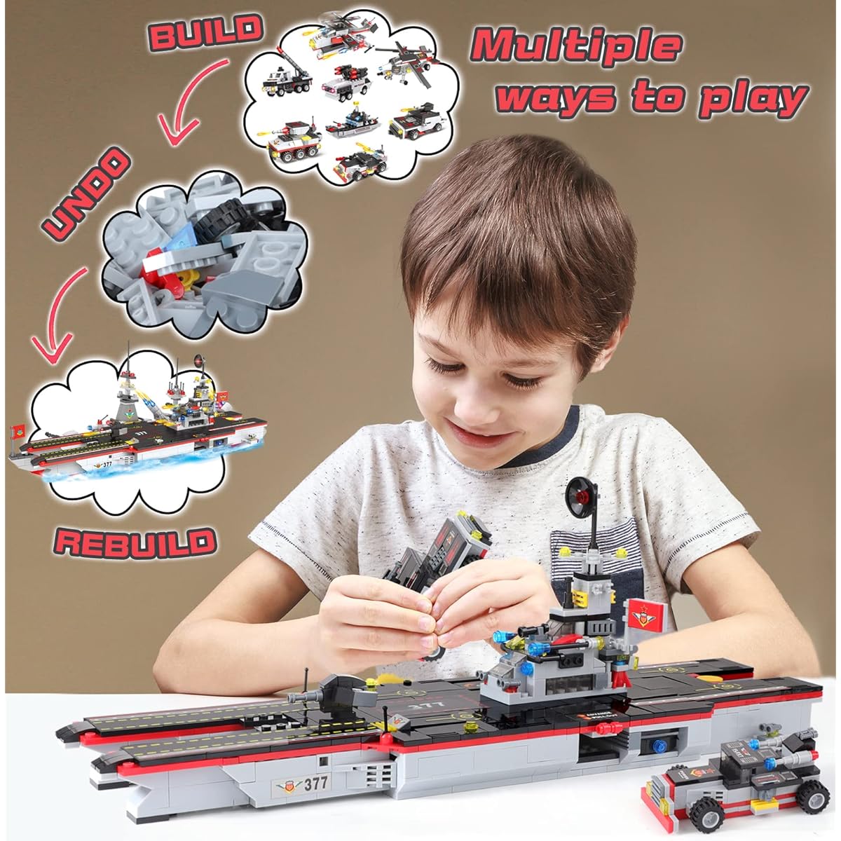 Aircraft Carrier Building Blocks Set, 8 in 1 Military Battleship Model Building Toy Kit with Armored Tank, Helicopter, Patrol Boat, Learning Role Play STEM Construction Toys, Gifts for Kids Ages 6+