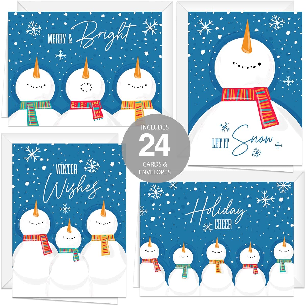 Festive Sky Gazing Snowman Holiday Card Pack / 24 Cards with White Envelopes / Adorable 6 1/4" x 4 5/8" Snowman Christmas Notecards