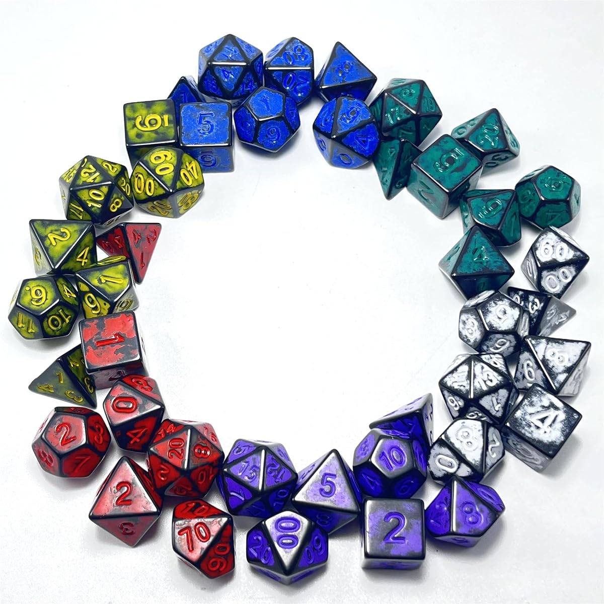 DND Retro Dice Set Polyhedral - IDTQ Dungeons and Dragons Old Purple Red White Black Blue Yellow Green Dice Set RPG MTG Tabletop Game Set of 6 D4 D6 D8 D10 D12 D20