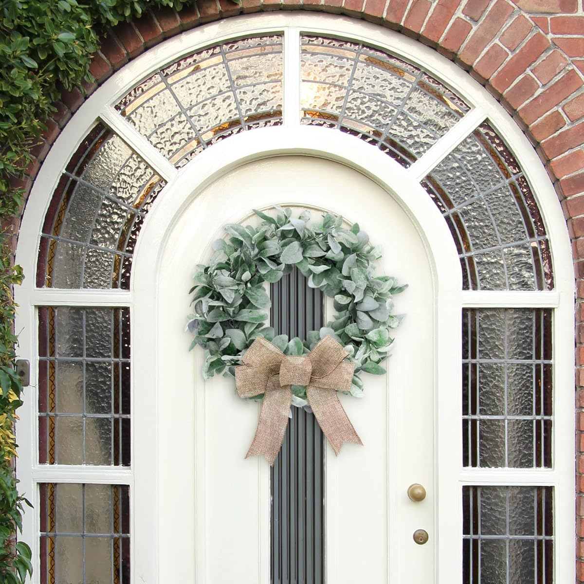 Lyrow 22" Flocked Lamb Ears Wreath for Entrance Artificial Hanging Green Christmas Wreath with Burlap Ribbon Wedding Party Ornament Farmhouse Round Modern Wreath for Home Window Porch Garden