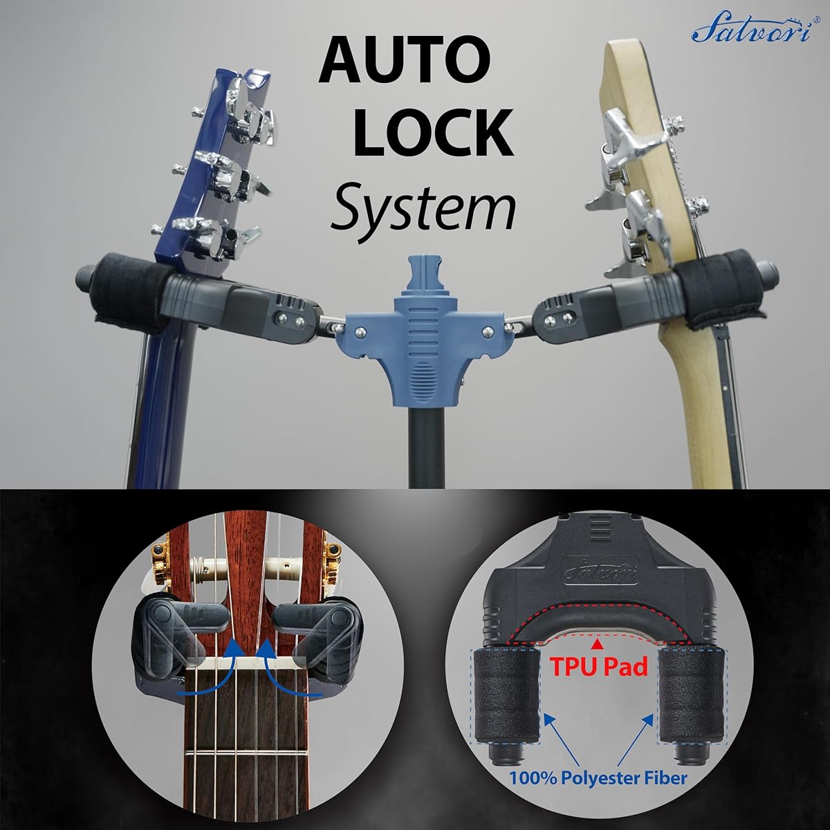 Salvori Foldable Dual Guitar Stand with Auto Lock System and Solid Tripod Double/Multi Guitar Stand/Holder/Rack for Single Bass, Acoustic, Electric, Classical Guitar, Ukulele