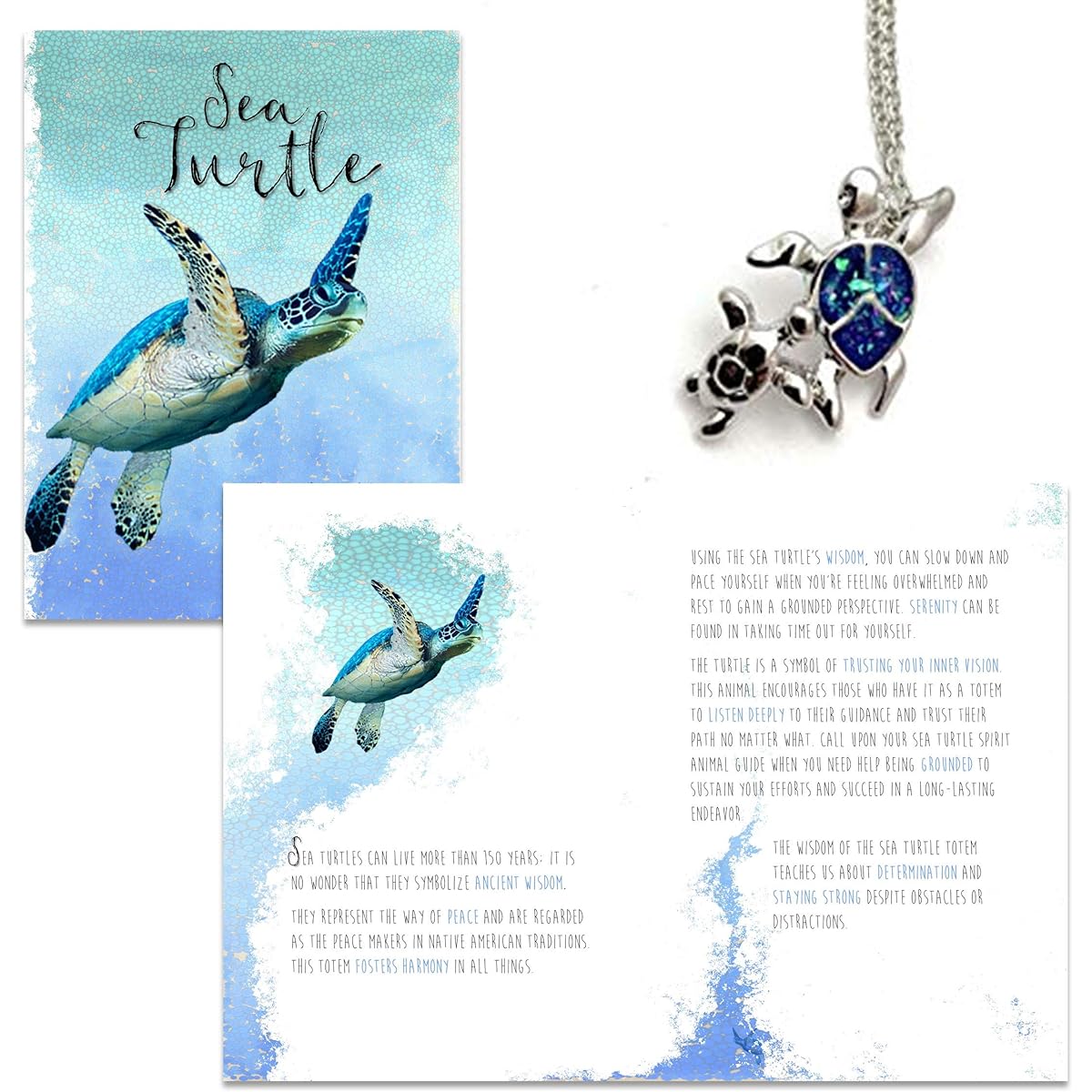 Smiling Wisdom - Sea Turtle Spirit Animal Guide Greeting Card Necklace Compact Mirror Pillow Case Gift Set - Women - Blue Fire Opal (Sea Turtle Deluxe)