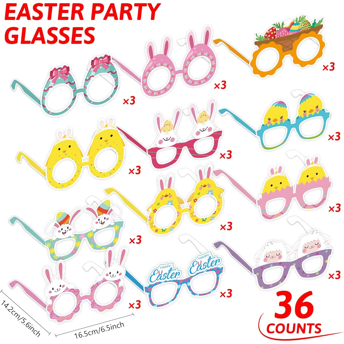 OBUSATT Easter Glasses, 36 Pieces Paper Easter Egg Bunny Ear Glasses for Kids, Happy Easter Photo Booth Props, Glasses Supplies for Easter Party Decorations Favors