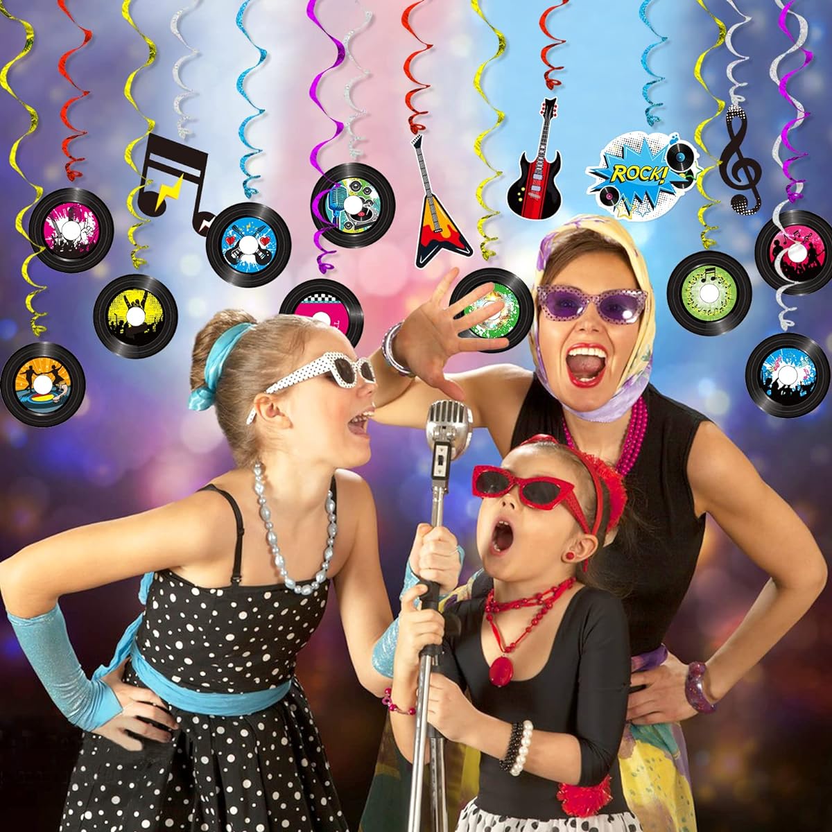 60 Pieces 50s Party Rock n Roll Music Party Decorations Hanging Swirls Music Record Cutouts Hanging Banner Double Sided Ceiling Decor with Streamers Garden Decoration Music Birthday Party Supplies