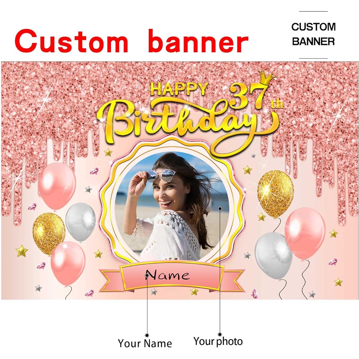 Custom Happy 37th Birthday Banner Backdrop - 37th Birthday Decorations Party Supplies for Women - Rose Gold