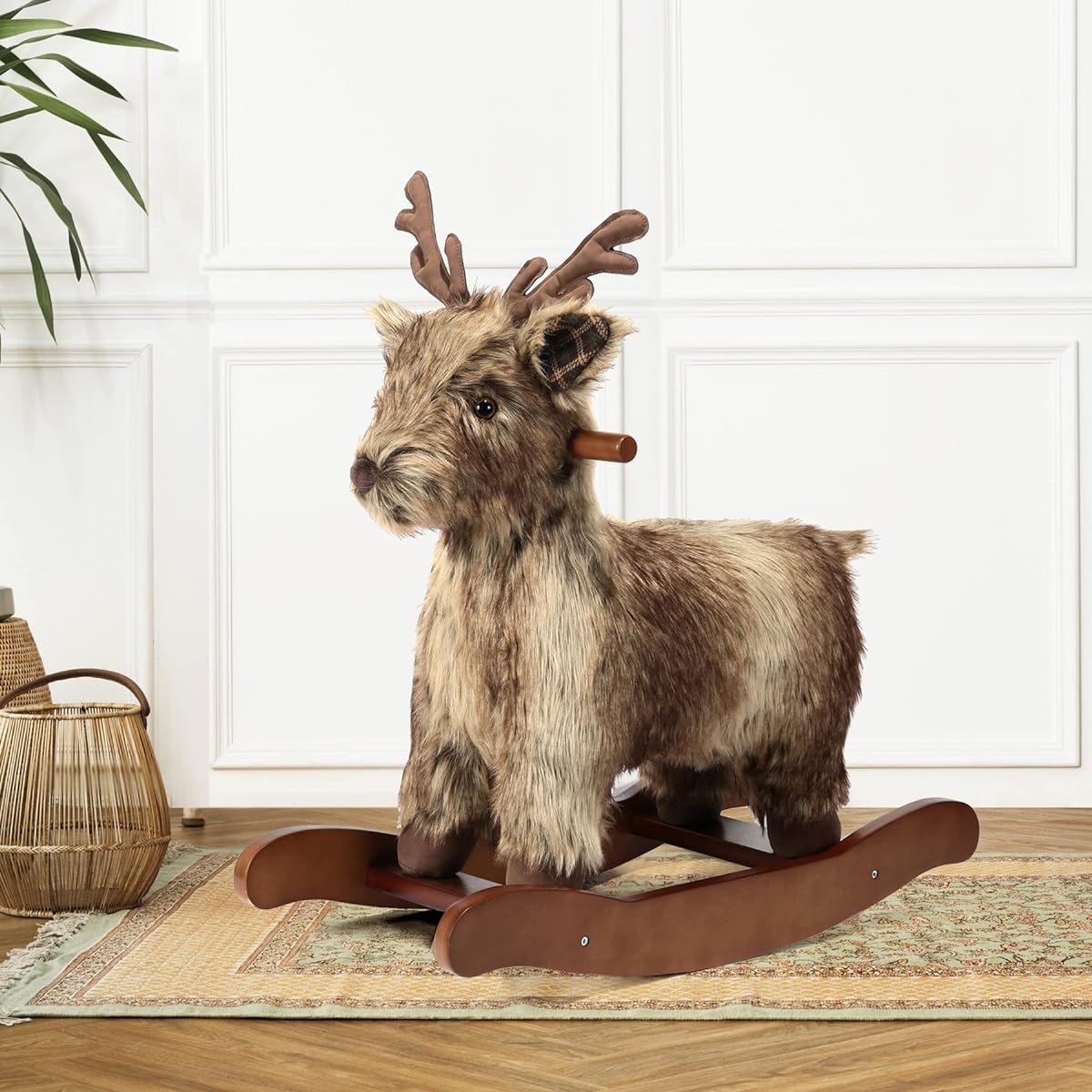 JOLIE VALLÉE TOYS & HOME Reindeer Baby Rocking Horse for 1 Year Old Wooden Deer Rocking Horse Rocking Animal Wicker Plush Fur for Toddlers 1-3 Years Old