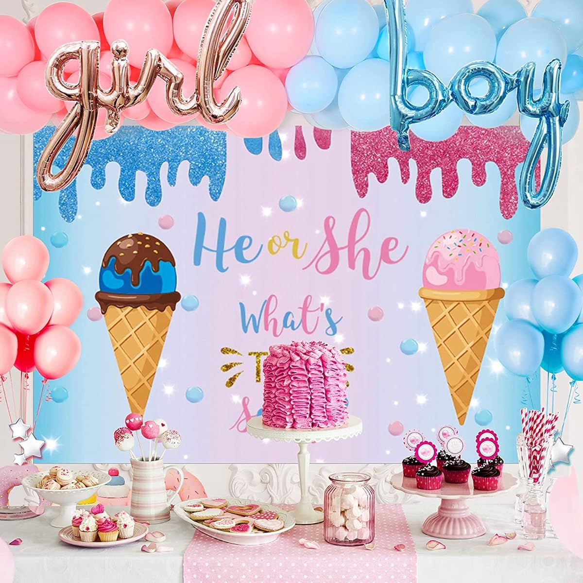 Hombae Whats The Scoop Gender Reveal Decorations, Whats The Scoop Baby Shower Party Supplies Kit, He or She Whats The Scoop Backdrop with Blue and Pink Balloon Garland Arch Kit