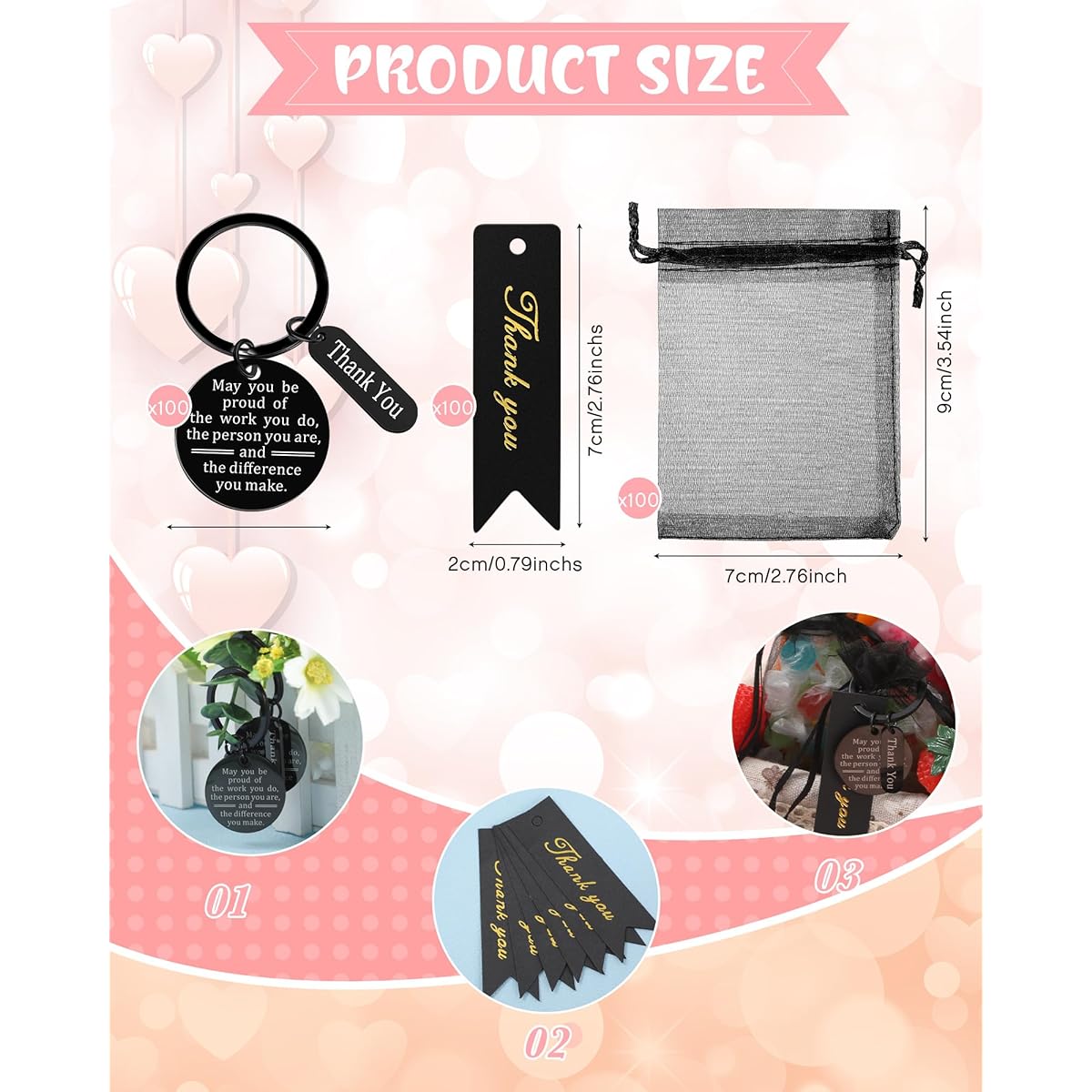 300 Pieces Employee Appreciation Gifts, Bulk Gifts for Colleagues, 100 Inspirational Employee Appreciation Keychains, 100 Thank You Cards and 100 Organza Bags for Office Teachers, Nurse Teams (Black)